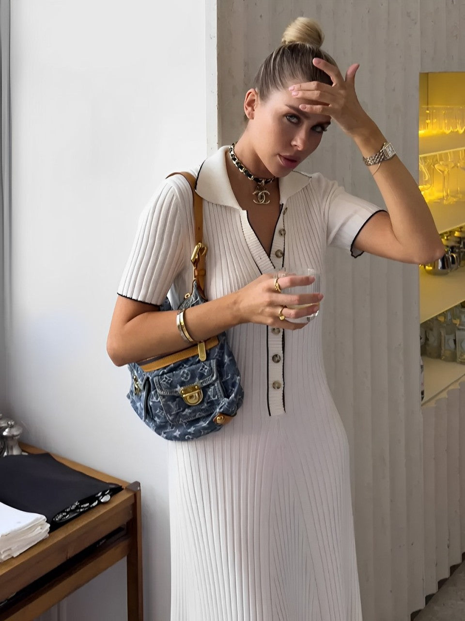 Vestido Longo de Tricô Canelado com Decote V e Botões – Evelyn [FRETE FULL]