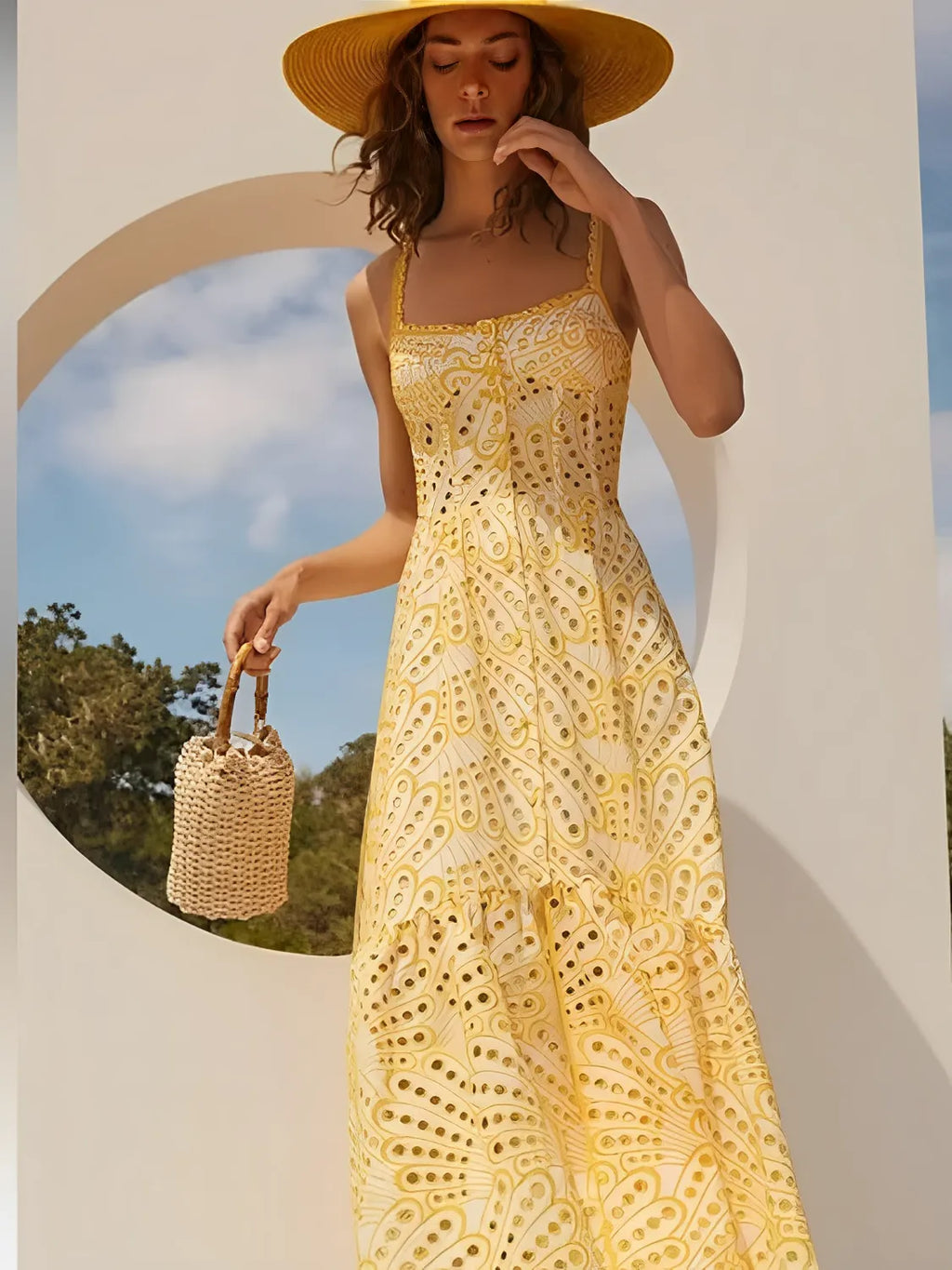 Vestido Midi de Laise com Babados Delicados e Elástico nas Costas – Marina [FRETE FULL]