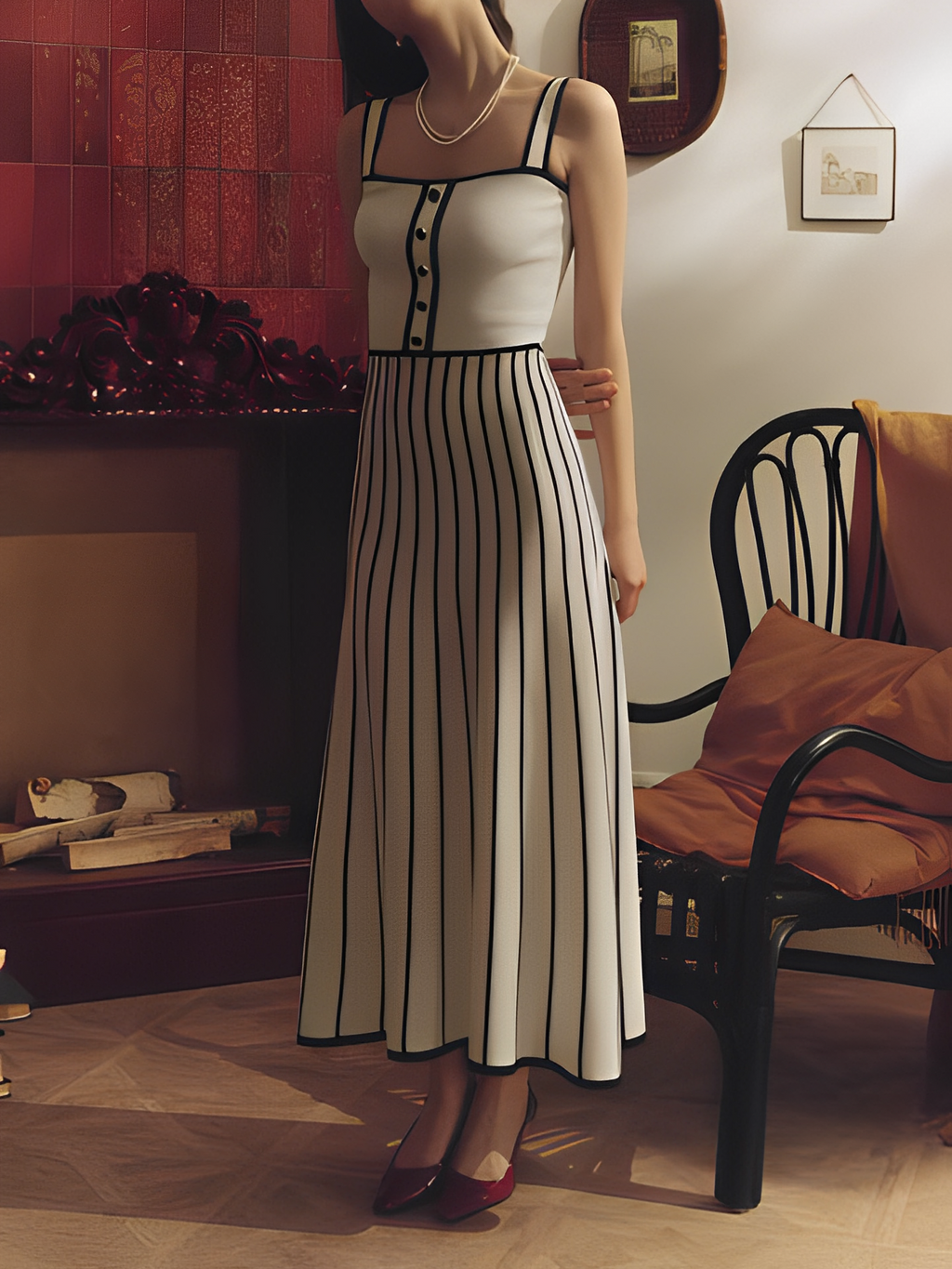 Vestido Midi Listrado de Alças Modelagem Evasê - Dandara