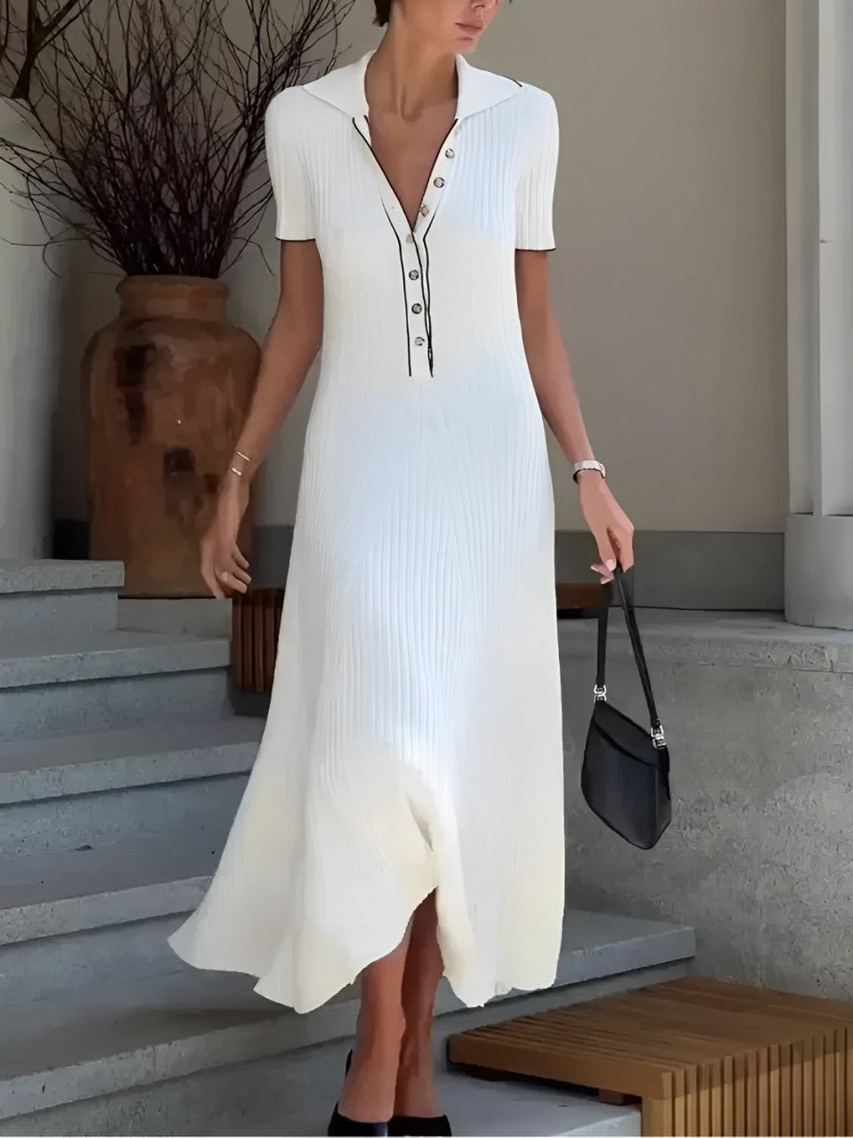 Vestido Longo de Tricô Canelado com Decote V e Botões – Evelyn [FRETE FULL]