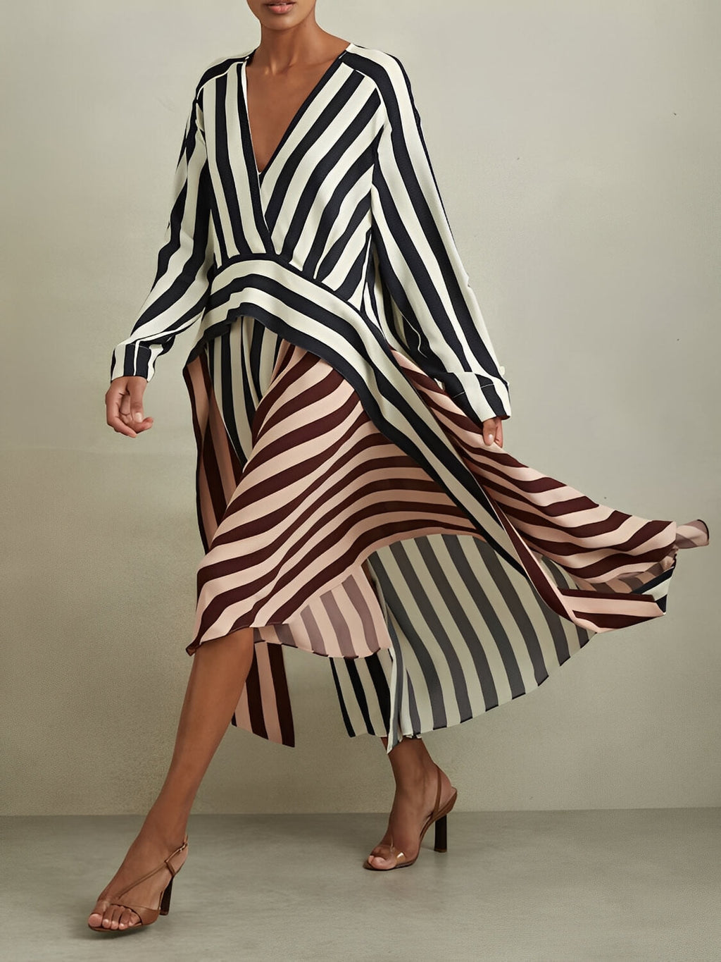 Vestido Mullet Listrado Manga Longa com Decote V Bicolor - Maris [FRETE FULL]