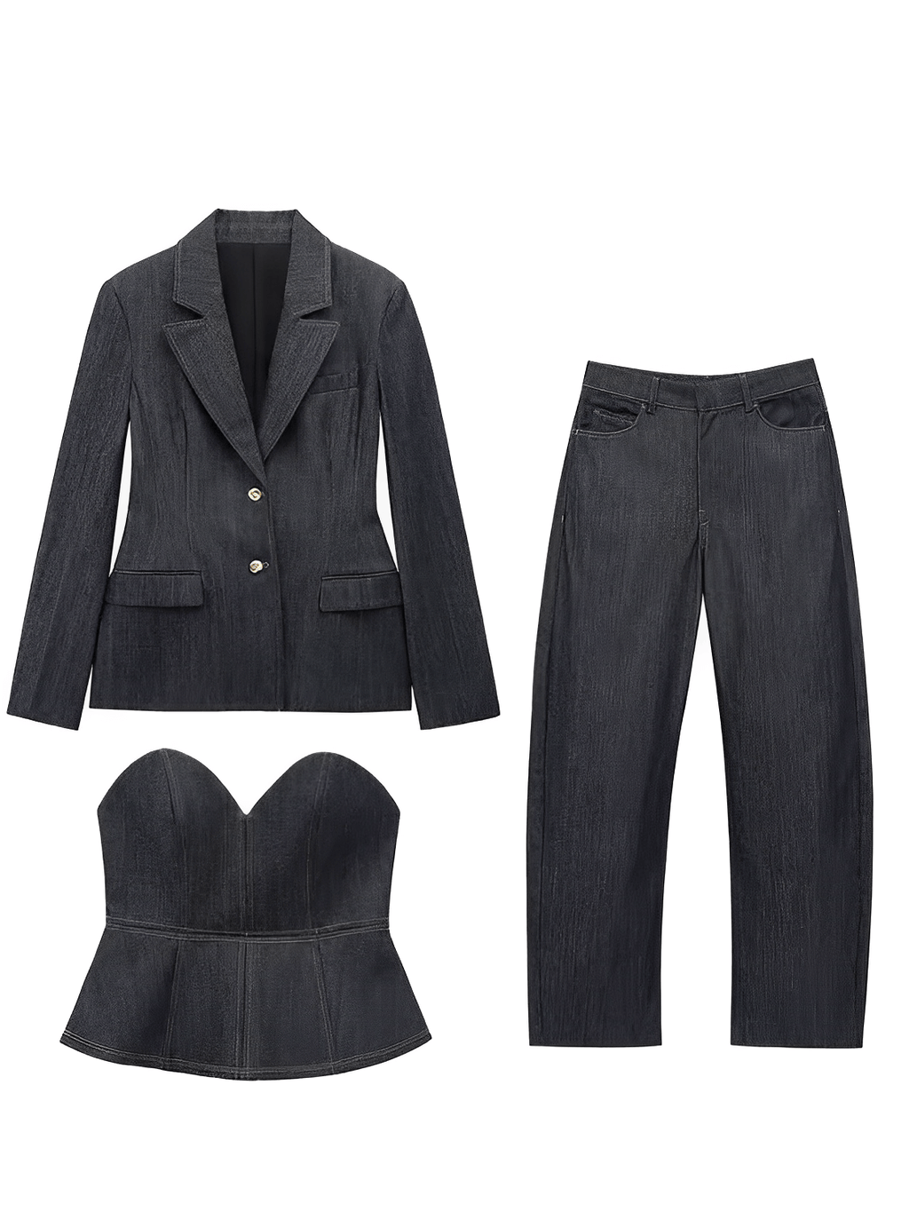 Conjunto Jeans 3 Peças Blazer Corset Peplum e Calça Pantalona - Kendall