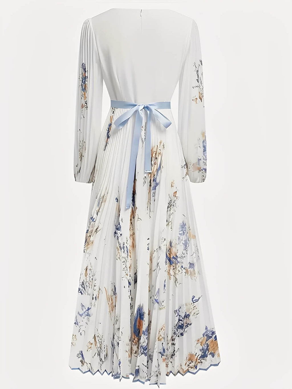 Vestido Longo Plissado Floral com Decote em V e Cinto-Faixa – Seraphina