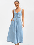 Vestido Midi Jeans com Decote Coração e Botões Frontais – Pilar