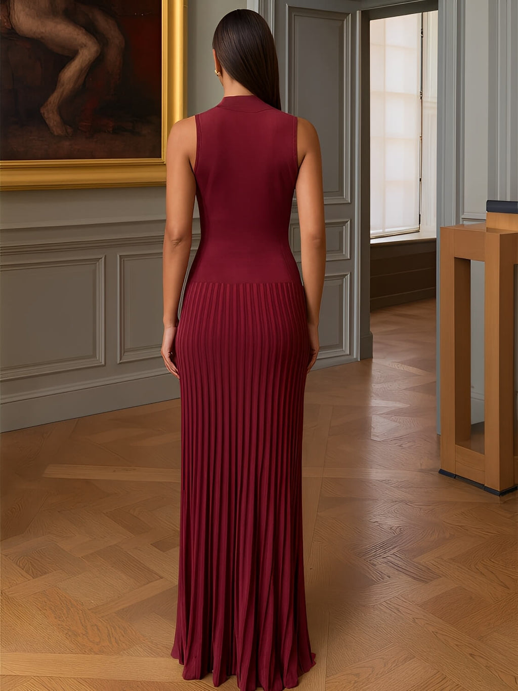 Vestido Longo em Tricô Canelado com Gola Alta e Saia Plissada – Sonia [FRETE FULL]