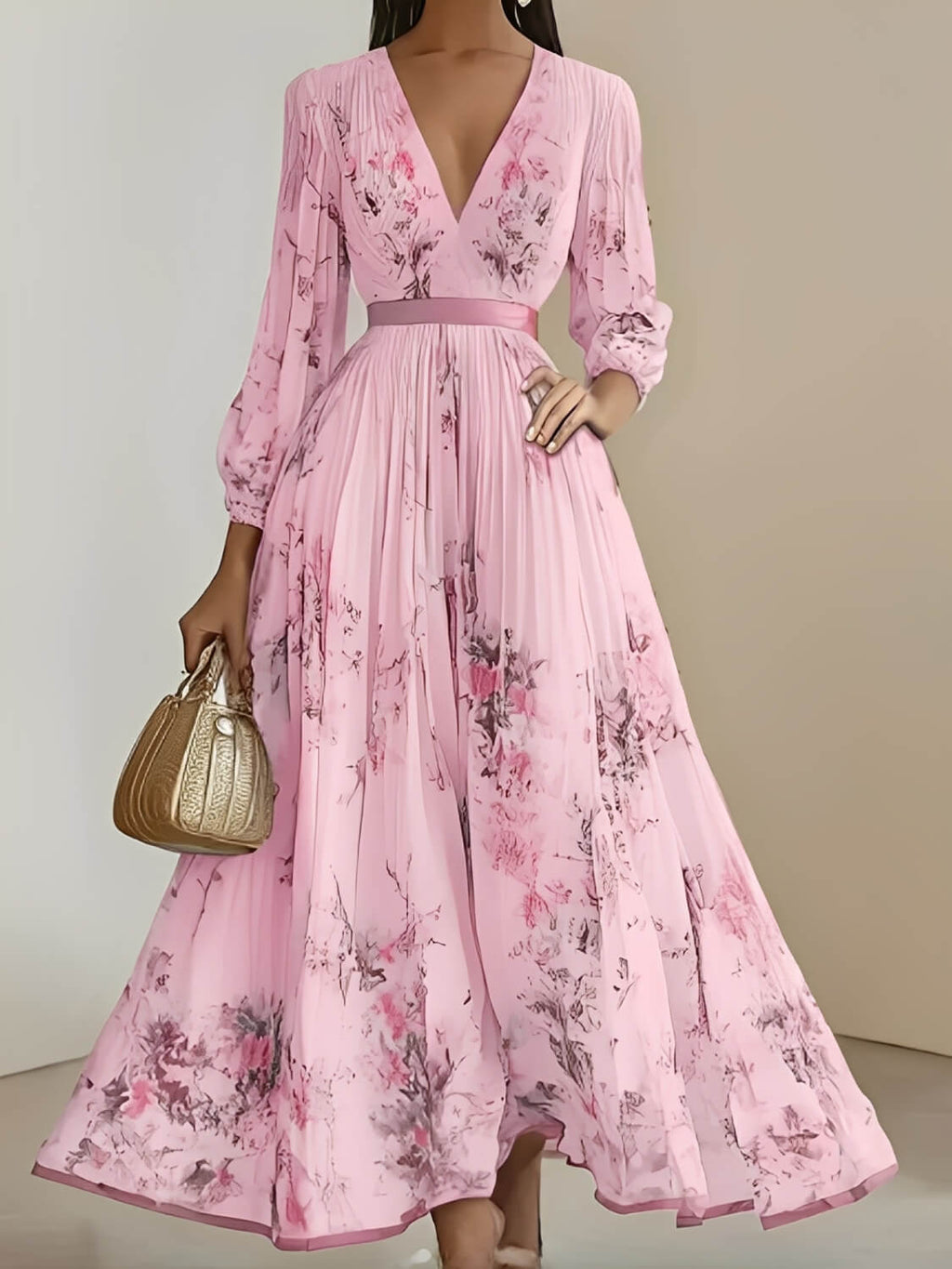 Vestido Longo Plissado Floral com Decote em V e Cinto-Faixa – Seraphina [FRETE FULL]