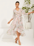 Vestido Midi Floral em Chiffon Evasê Assimétrico de Mangas Sino – Alexia