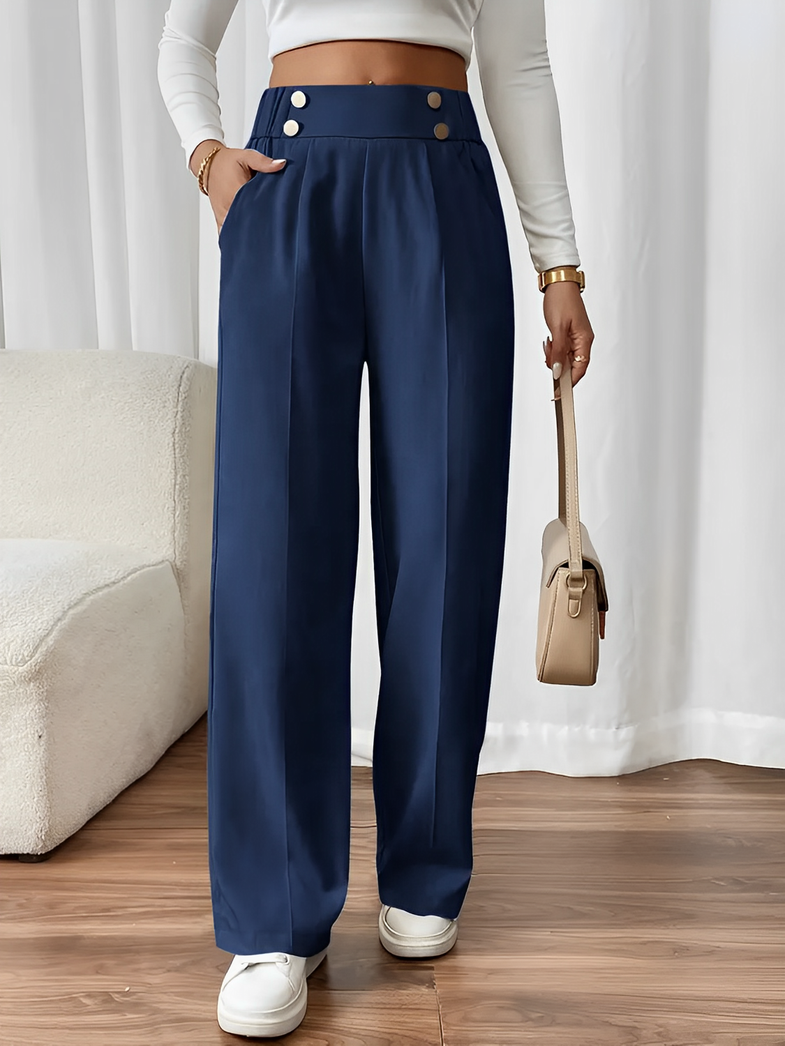 Calça de Alfaiataria Reta com Cintura Elástica Botões e Bolsos - Lizete