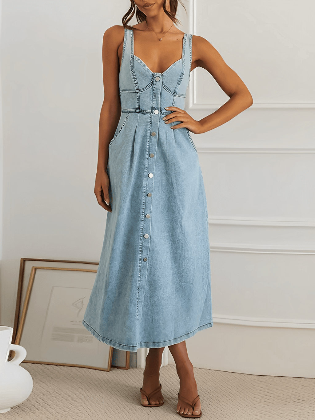 Vestido Midi Jeans com Decote Coração e Botões Frontais – Pilar
