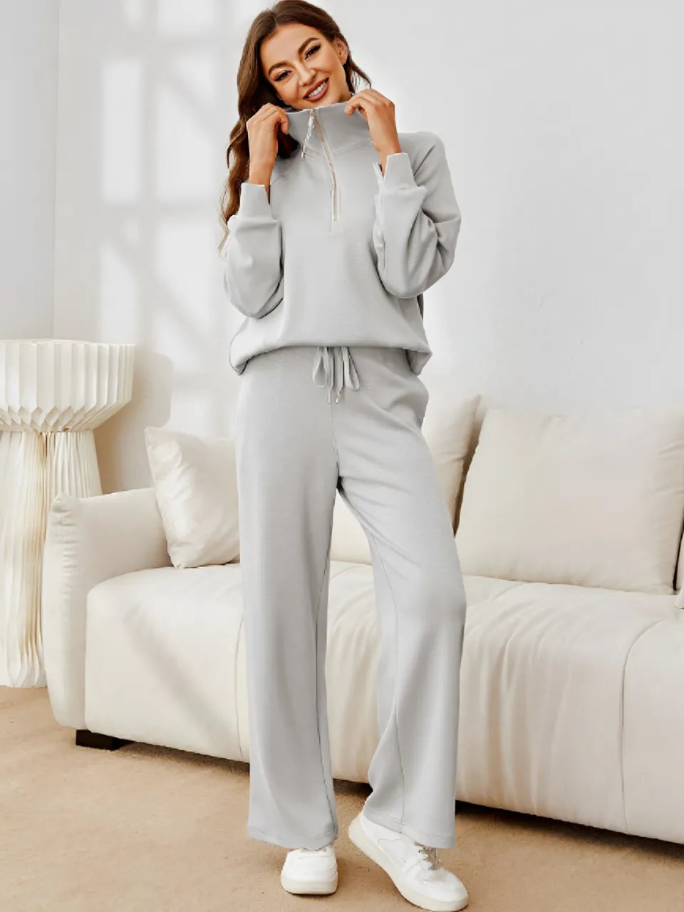 Conjunto com Suéter de Gola Alta e Calça Wide Leg Ajustável - Alessandra