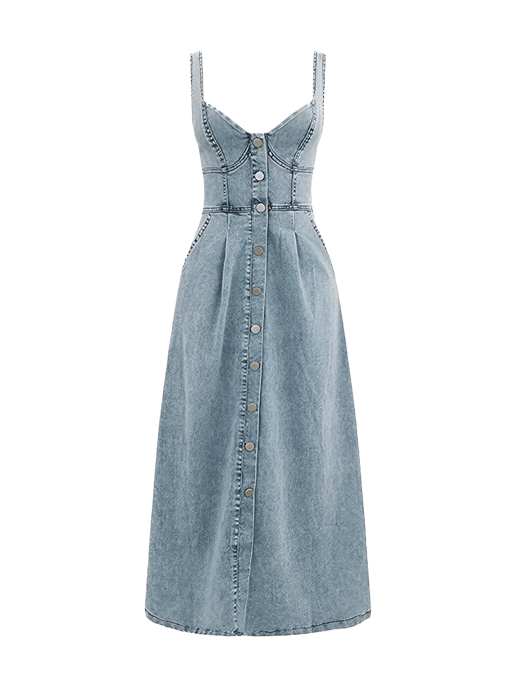 Vestido Midi Jeans com Decote Coração e Botões Frontais – Pilar