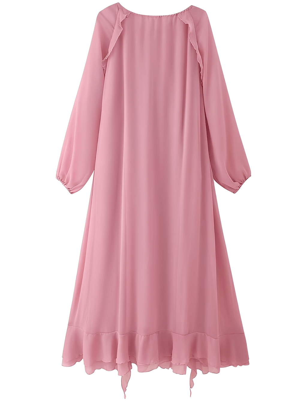 Vestido Longo em Chiffon com Babados Decote em V e Mangas Longas  – Amelie
