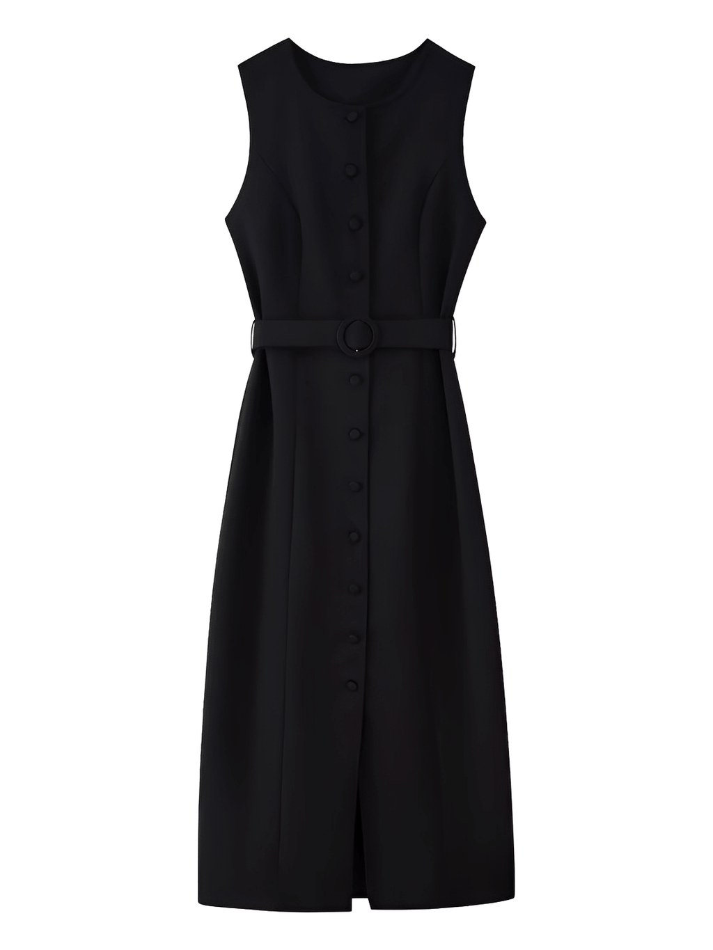 Vestido Midi Sem Mangas com Botões Forrados Cinto e Fenda – Selena