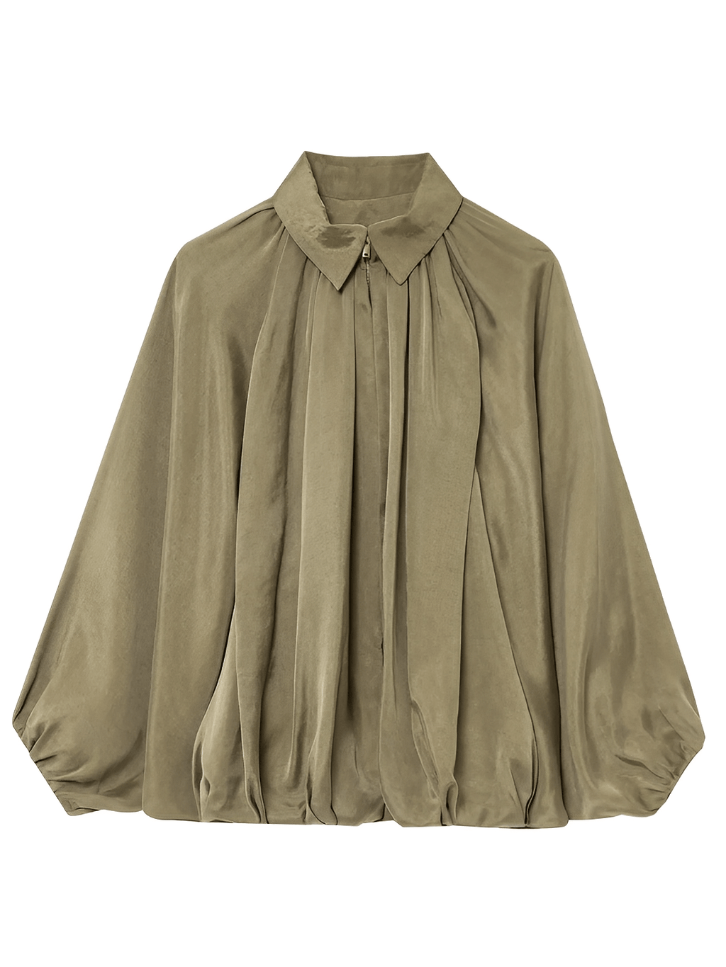 Camisa Acetinada Oversized com Manga Bufante e Zíper Frontal – Milene