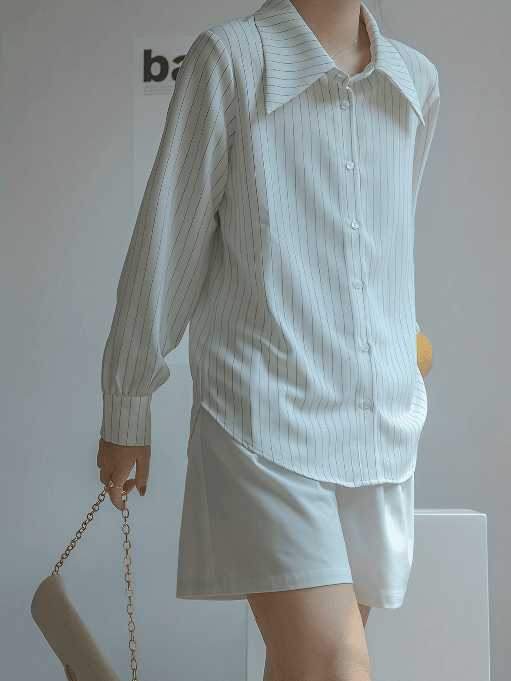Camisa Vintage com Listras Finas Gola Ampla e Punhos Ajustados - Lucia