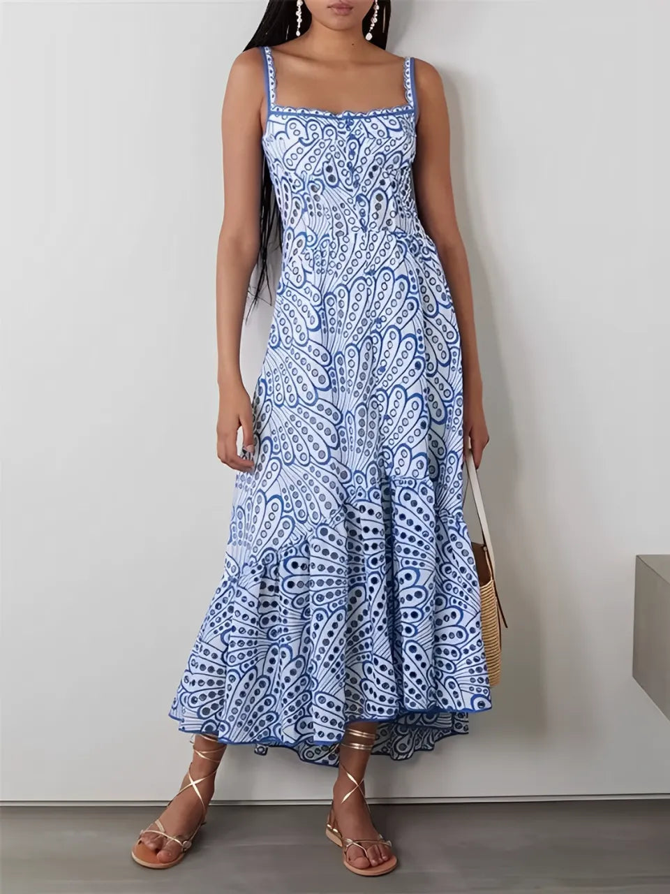 Vestido Midi de Laise com Babados Delicados e Elástico nas Costas – Marina