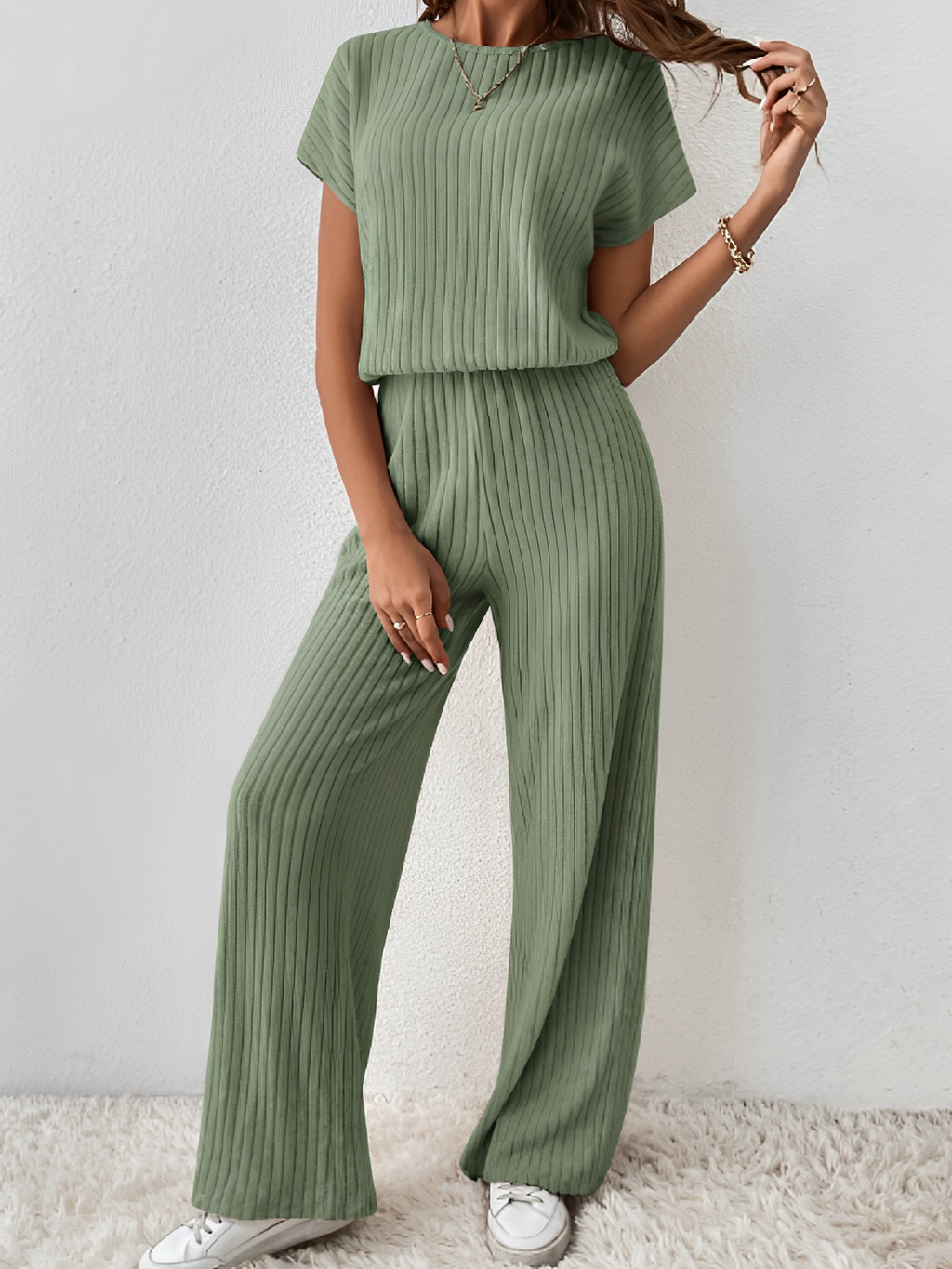 Conjunto Canelado com Blusa Manga Morcego e Calça Pantalona – Maite