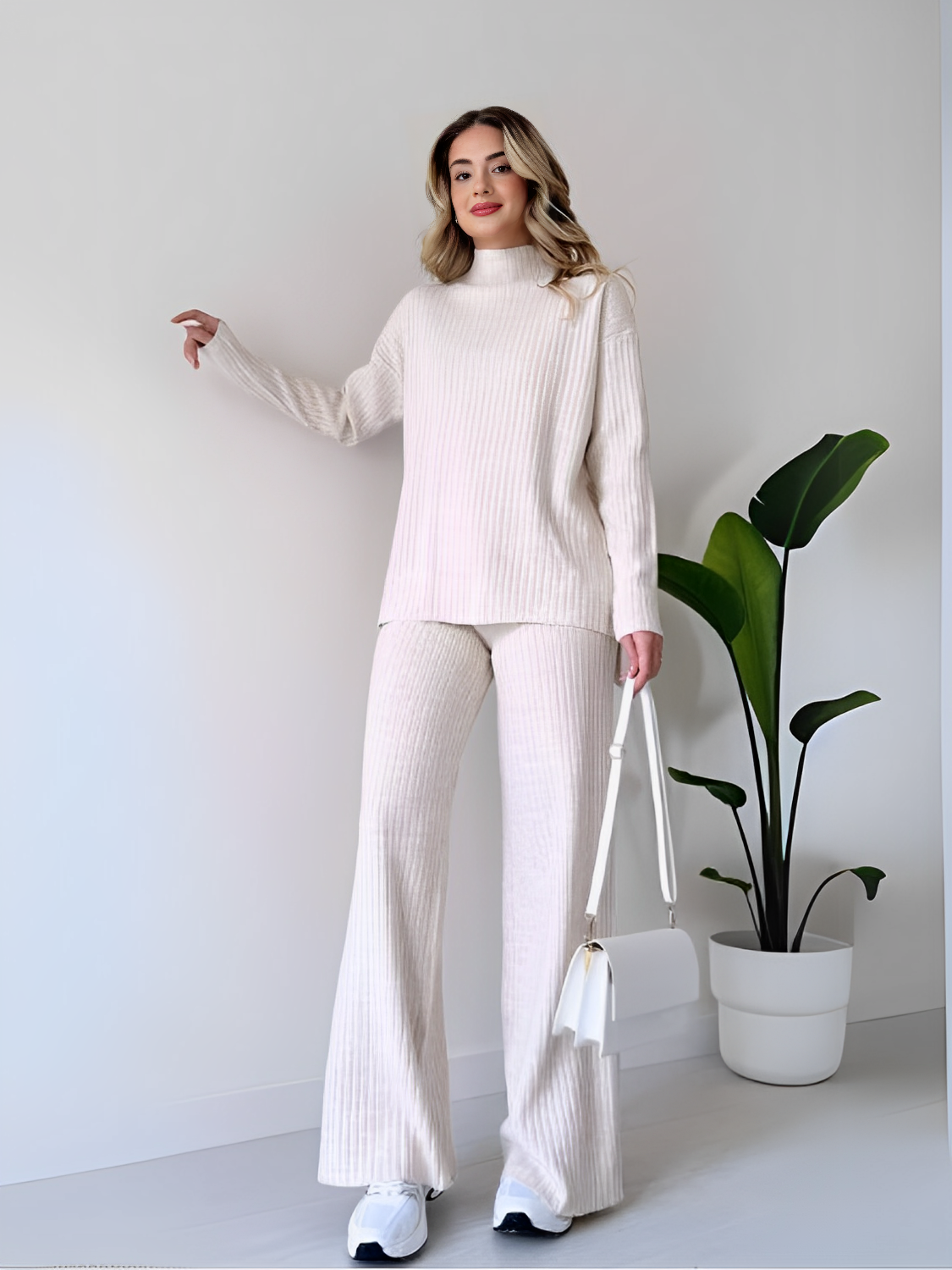 Conjunto de Tricô Canelado com Suéter Mullet e Calça Pantalona - Grace