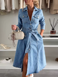 Vestido Jeans Midi Chemise com Gola Polo e Cinto-Faixa - Nadia [FRETE FULL]