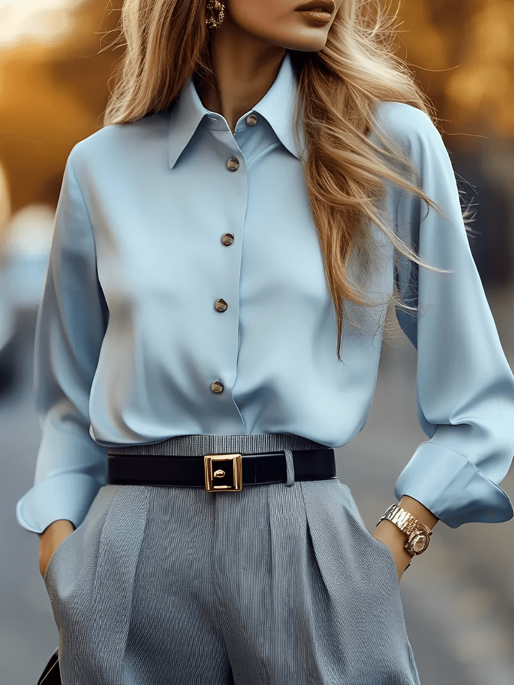 Camisa Semi-Acetinada com Lapela Botões e Punhos Ajustáveis  – Eva