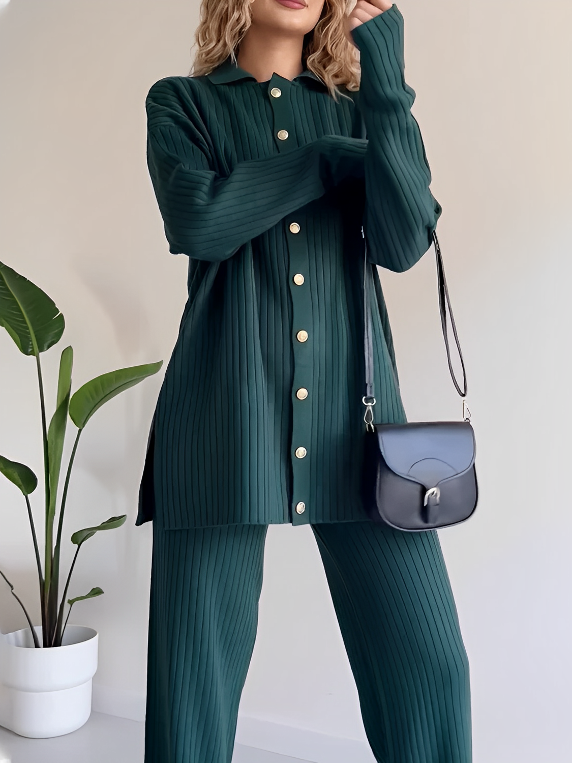Conjunto Canelado com Camisa Alongada de Botões e Calça Reta – Camila