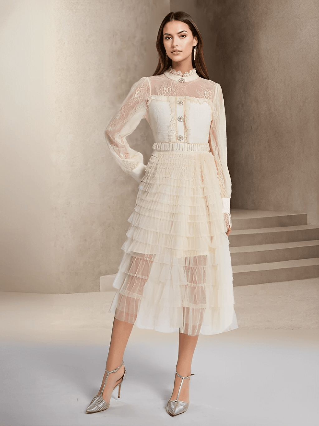 Vestido Midi Texturizado em Tweed Renda com Babados e Botões – Claire