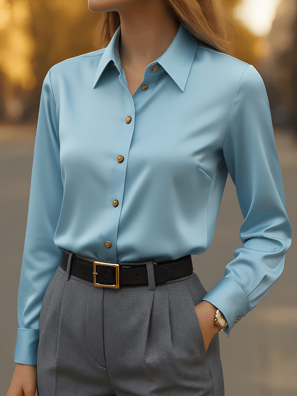Camisa Semi-Acetinada com Lapela Botões e Punhos Ajustáveis  – Eva
