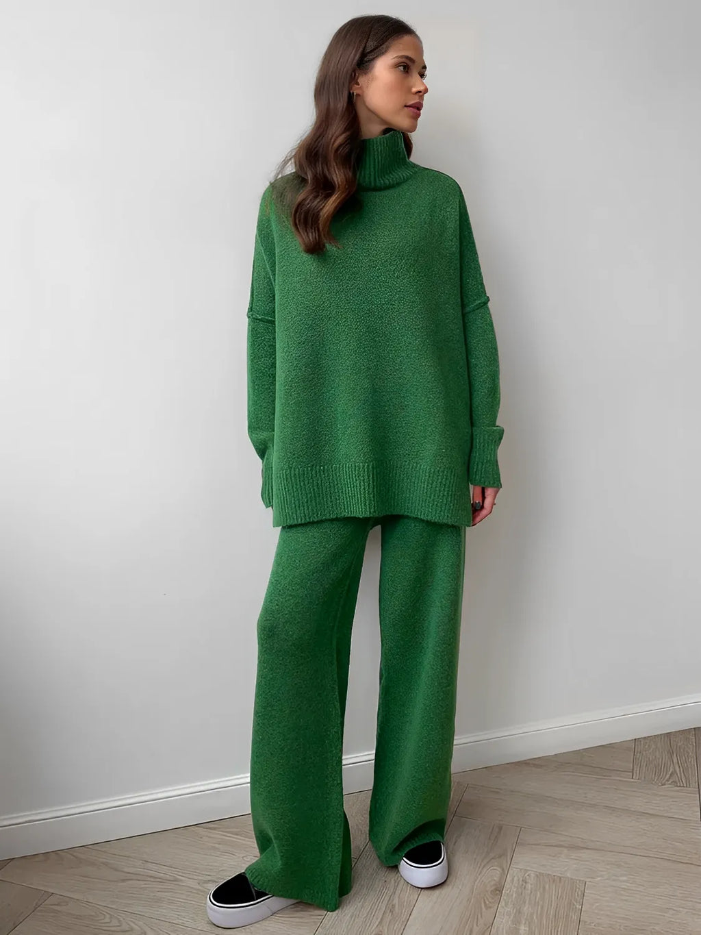 Conjunto de Tricô com Suéter Mullet Gola Alta e Calça Pantalona - Melanie