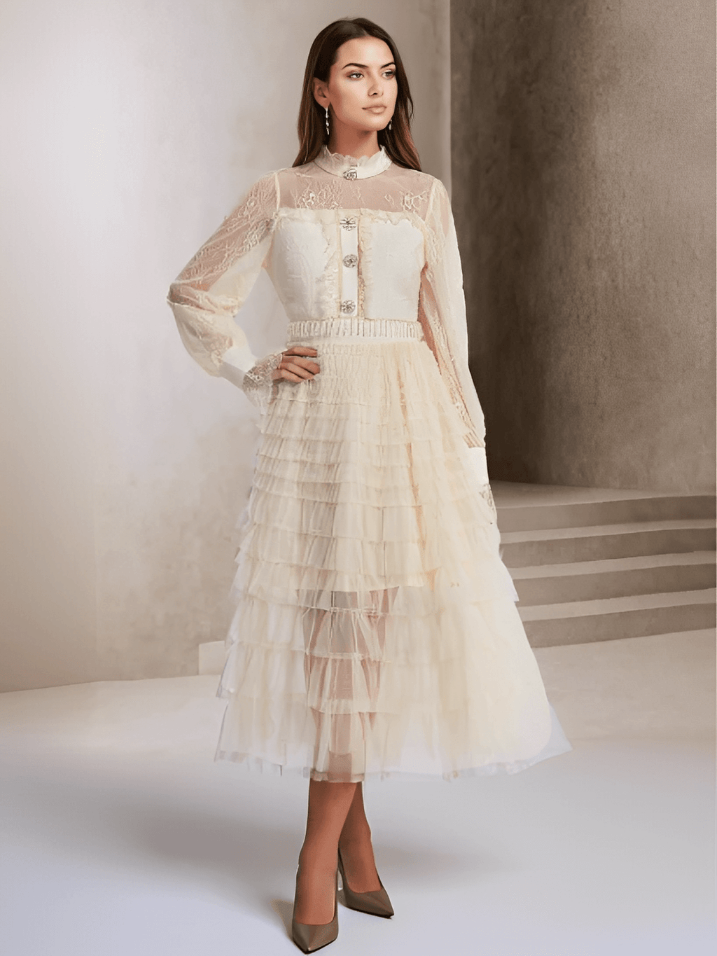 Vestido Midi Texturizado em Tweed Renda com Babados e Botões – Claire