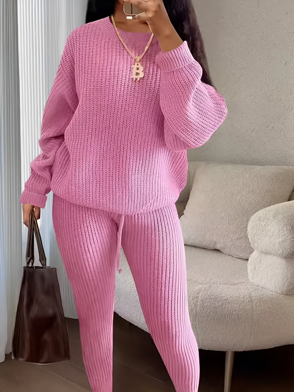 Conjunto de Tricô com Suéter Oversized e Calça Legging Ajustável – Ranya [FRETE FULL]