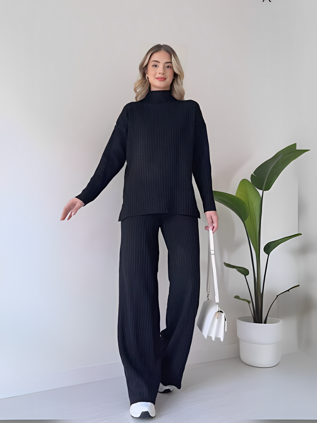 Conjunto de Tricô Canelado com Suéter Mullet e Calça Pantalona - Grace