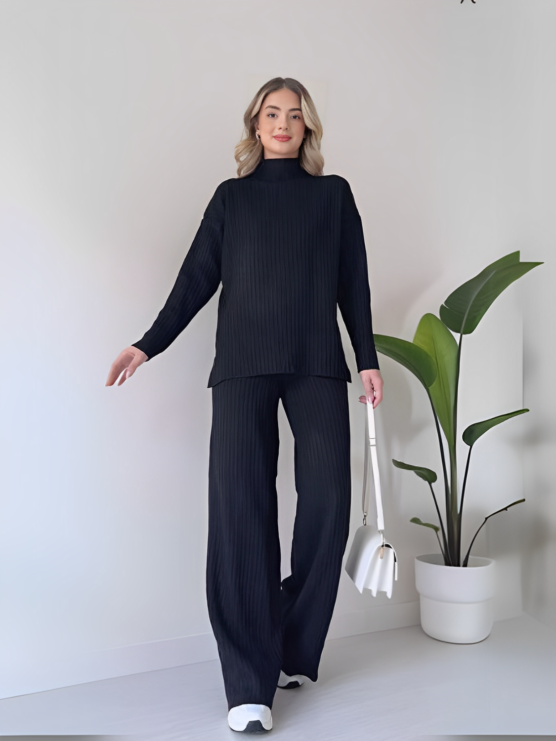 Conjunto de Tricô Canelado com Suéter Mullet e Calça Pantalona - Grace
