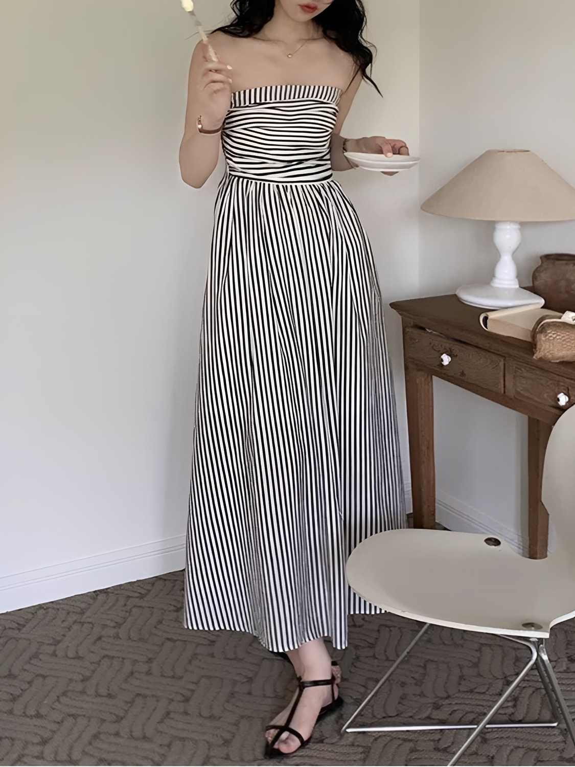 Vestido Maxi Listrado Tomara que Caia Cintura Franzida e Elástico  – Molie