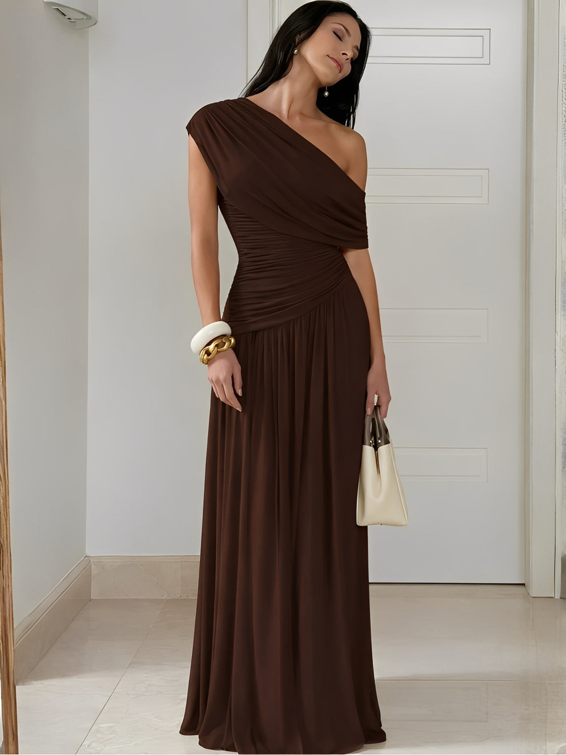 Vestido Longo Plissado Ombro Único Acinturado com Franzidos  – Lunara