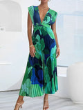 Vestido Midi Plissado Estampado com Decote em V Elegante – Adriene [FRETE FULL]