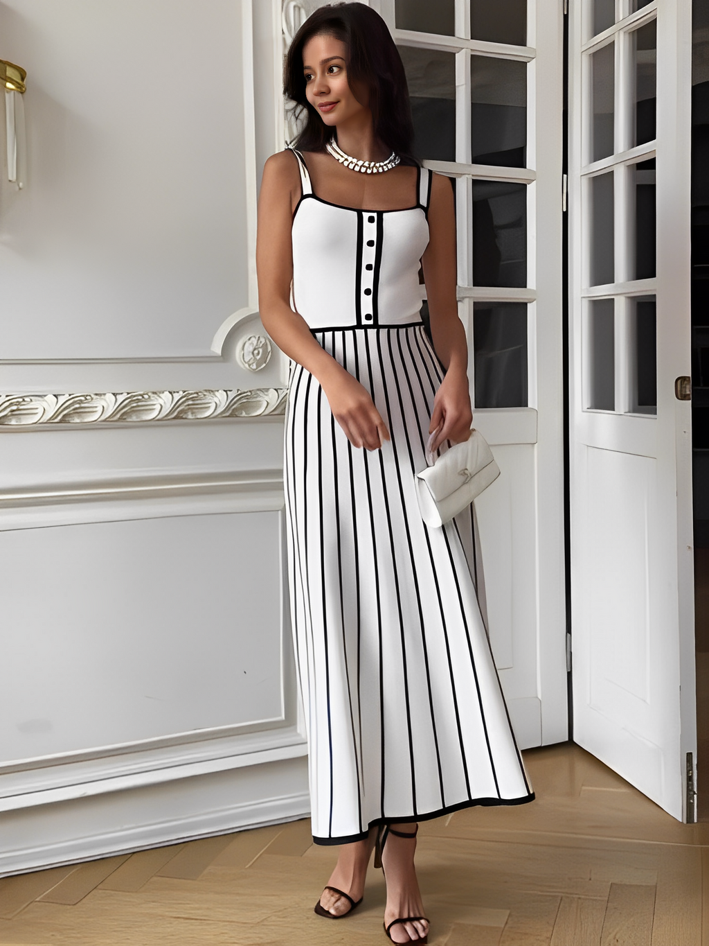 Vestido Midi Listrado de Alças Modelagem Evasê - Dandara