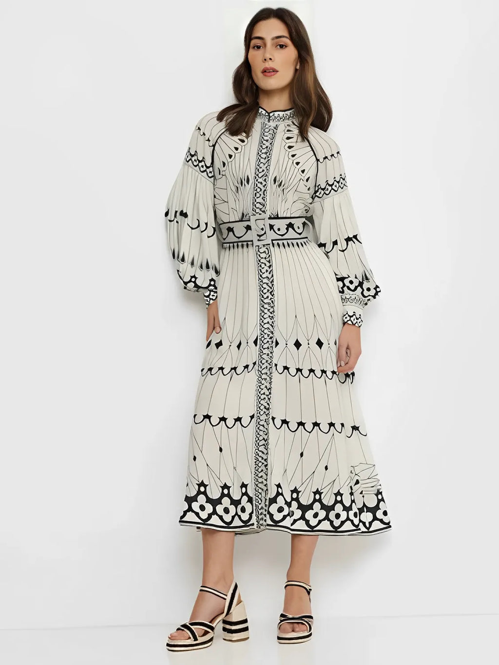Vestido Midi Estampado com Gola Padre Cinto e Mangas Longas - Mia