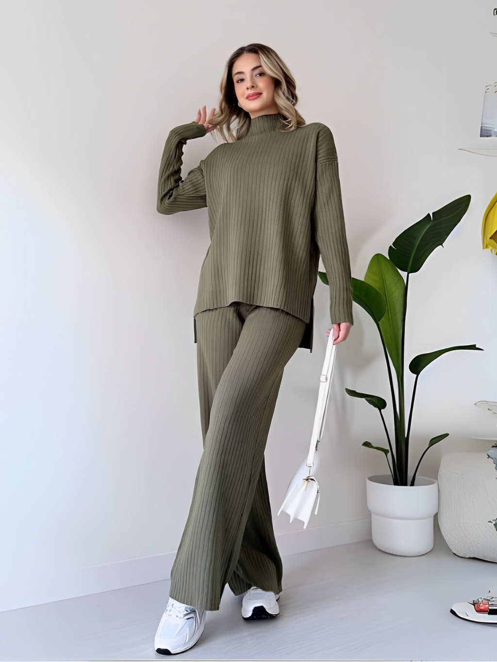 Conjunto de Tricô Canelado com Suéter Mullet e Calça Pantalona - Grace