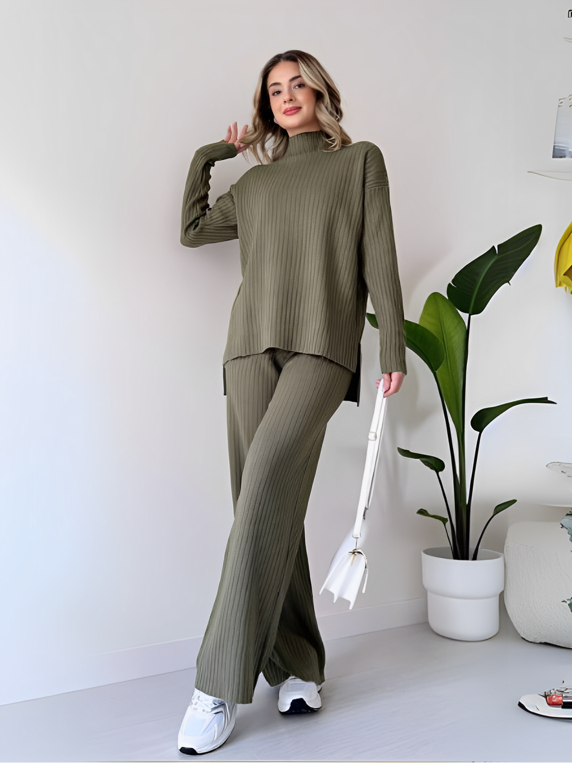 Conjunto de Tricô Canelado com Suéter Mullet e Calça Pantalona - Grace