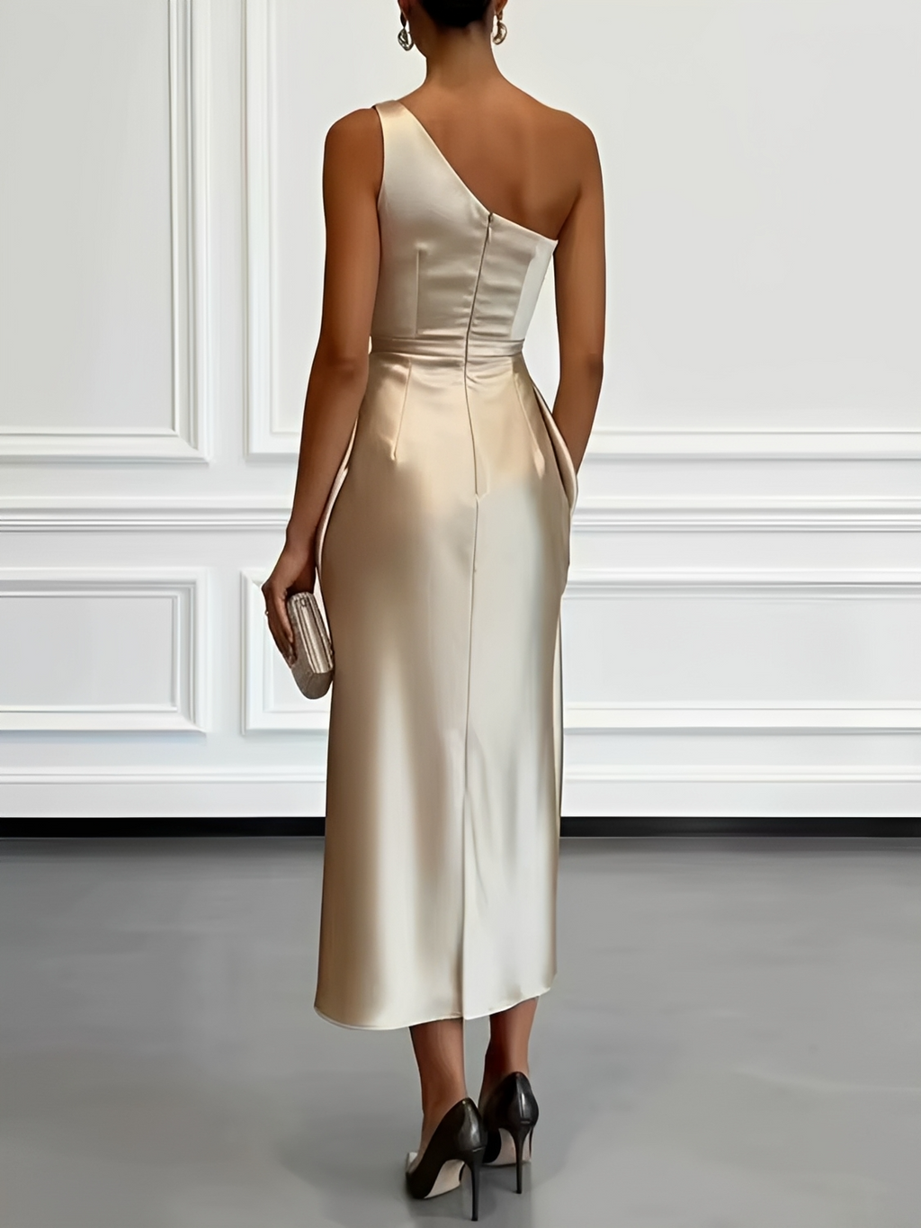 Vestido Midi Acetinado Acinturado com Decote Assimétrico e Drapeado Elegante - Penelope