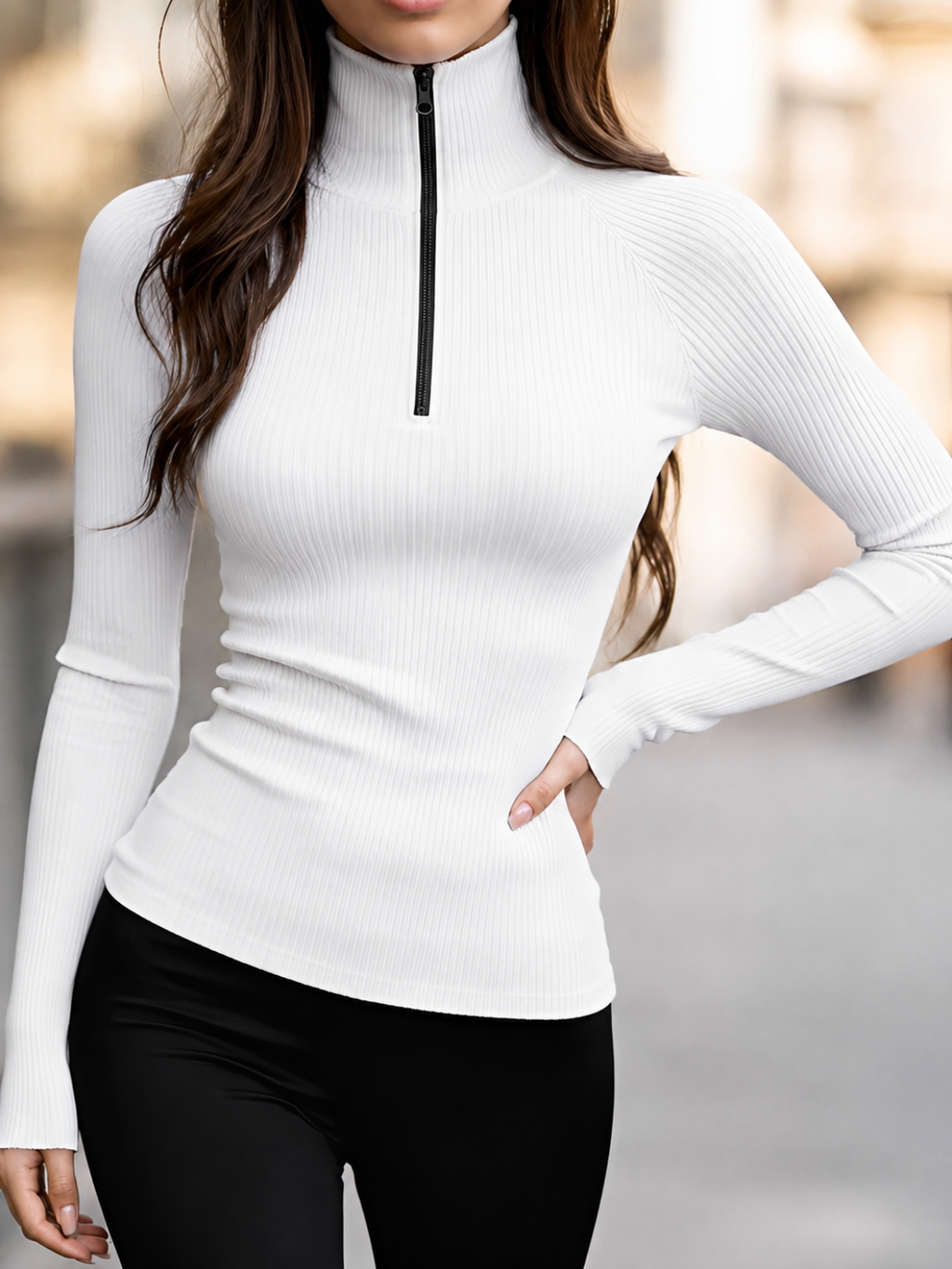 Blusa Canelada de Manga Longa com Gola Alta e Zíper Frontal -  Pétala
