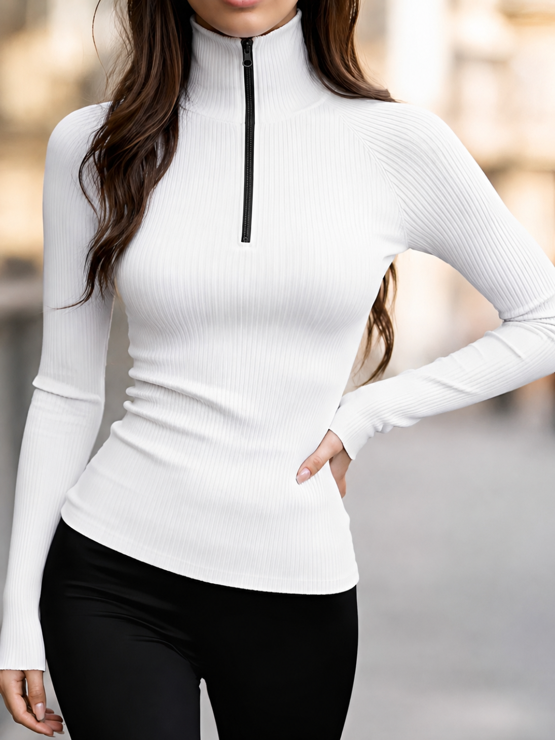 Blusa Canelada de Manga Longa com Gola Alta e Zíper Frontal -  Pétala