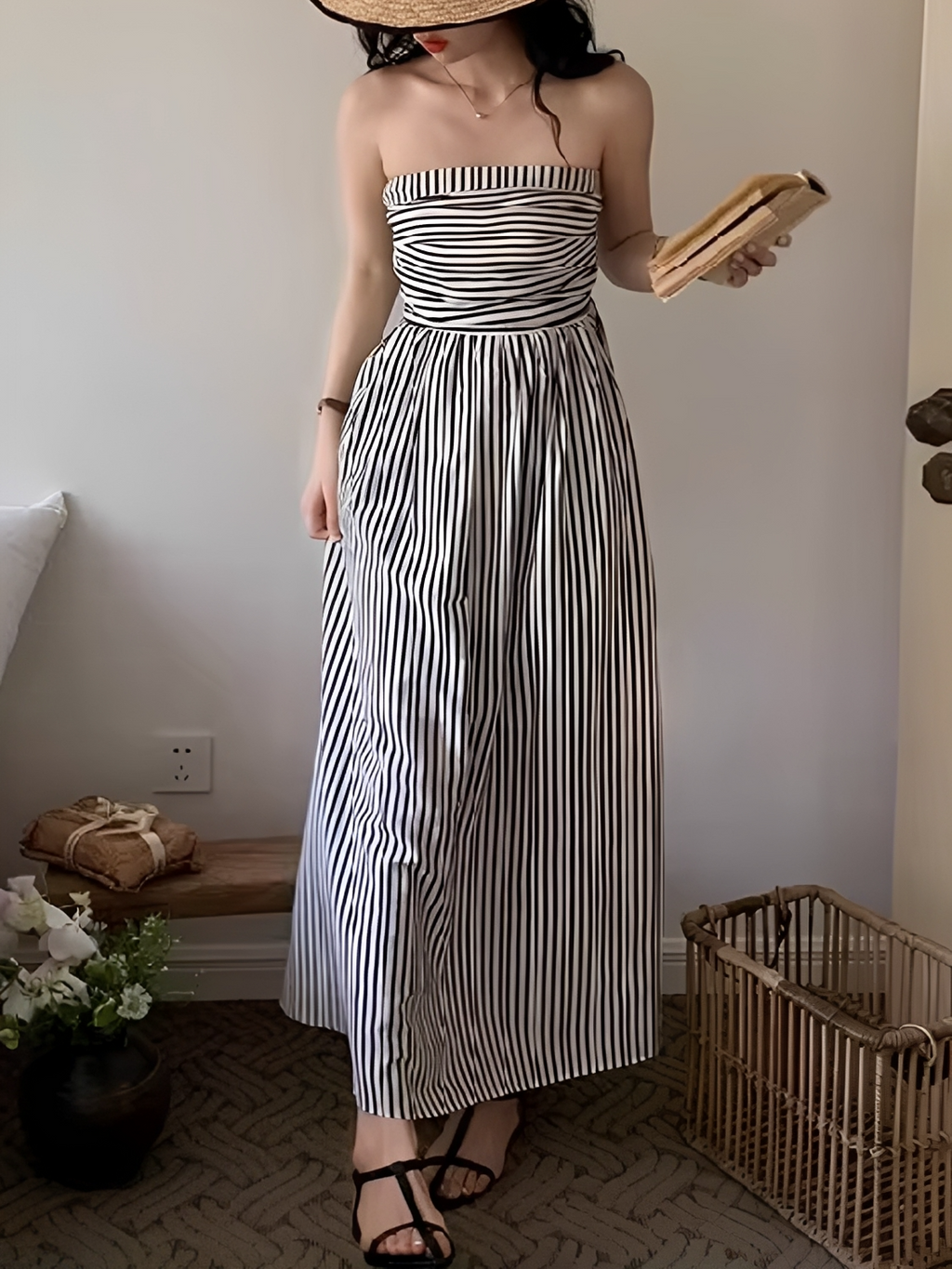 Vestido Maxi Listrado Tomara que Caia Cintura Franzida e Elástico  – Molie