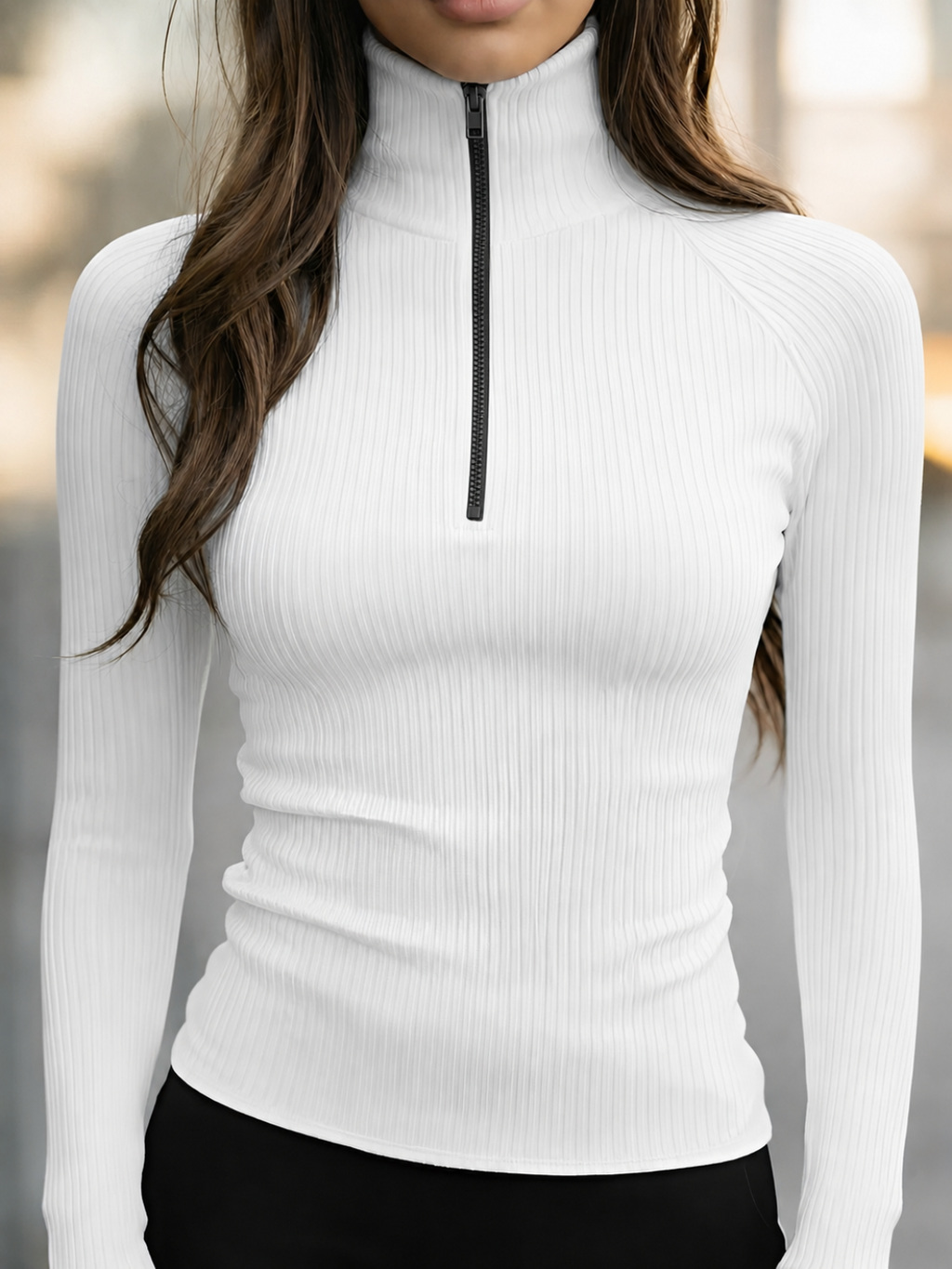 Blusa Canelada de Manga Longa com Gola Alta e Zíper Frontal -  Pétala