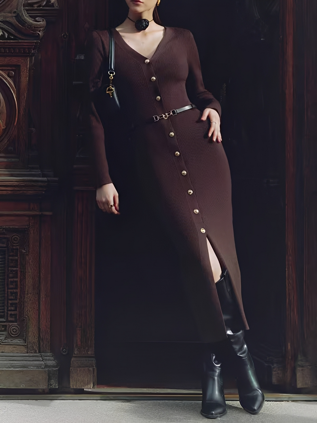Vestido Midi Canelado Manga Longa com Decote V e Botões Frontais - Iracema