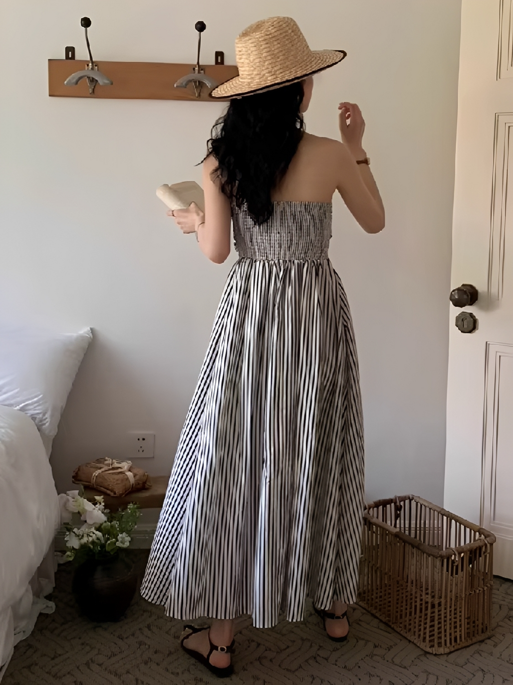 Vestido Maxi Listrado Tomara que Caia Cintura Franzida e Elástico  – Molie