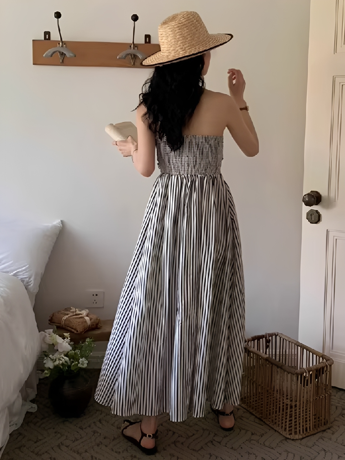 Vestido Maxi Listrado Tomara que Caia Cintura Franzida e Elástico  – Molie
