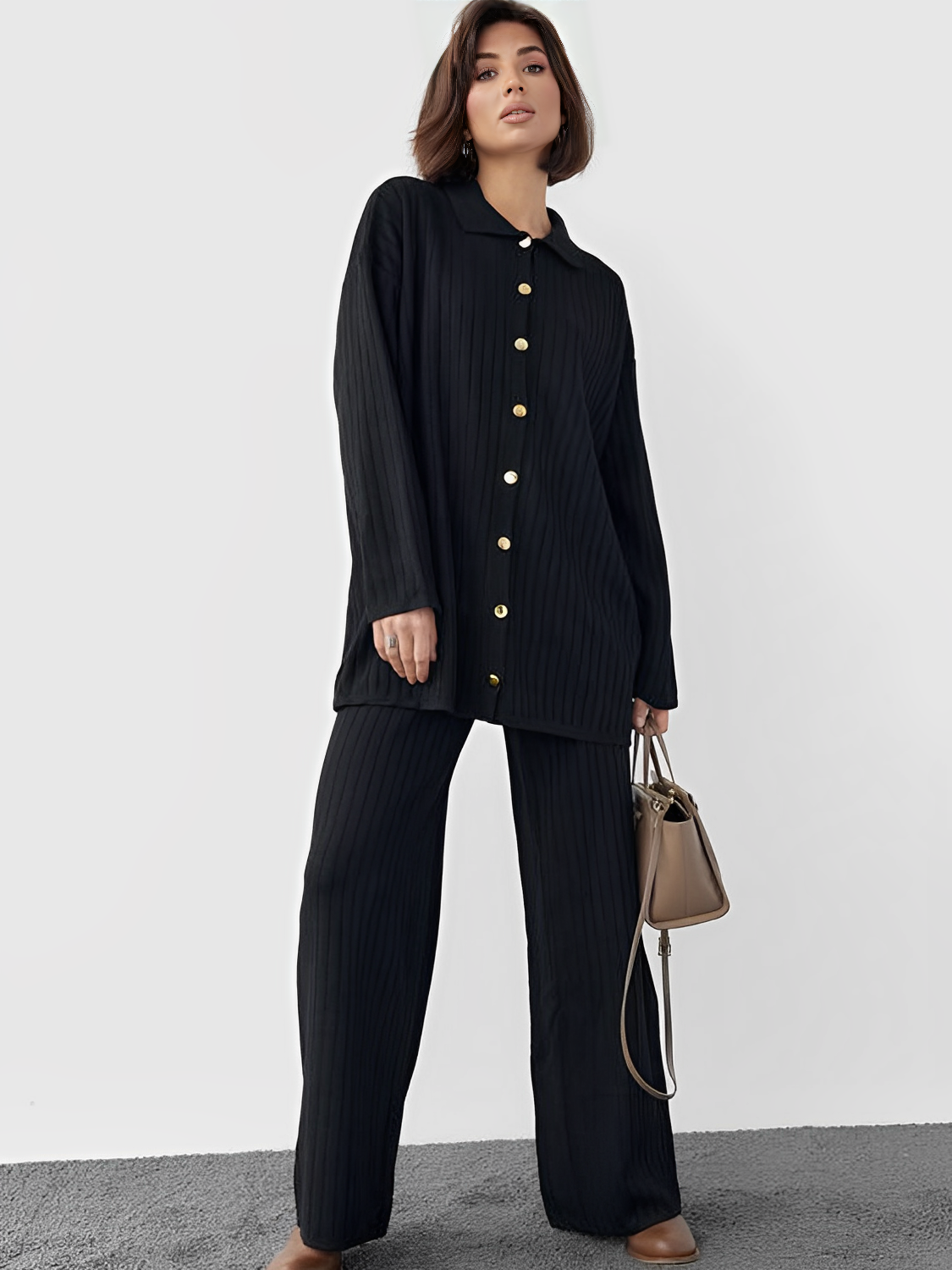 Conjunto Canelado com Camisa Alongada de Botões e Calça Reta – Camila