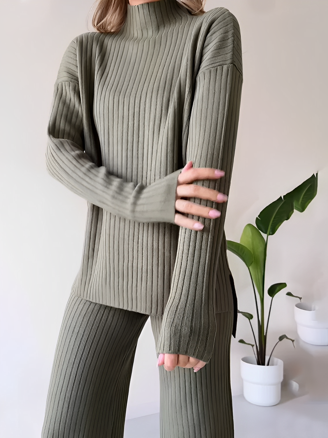 Conjunto de Tricô Canelado com Suéter Mullet e Calça Pantalona - Grace