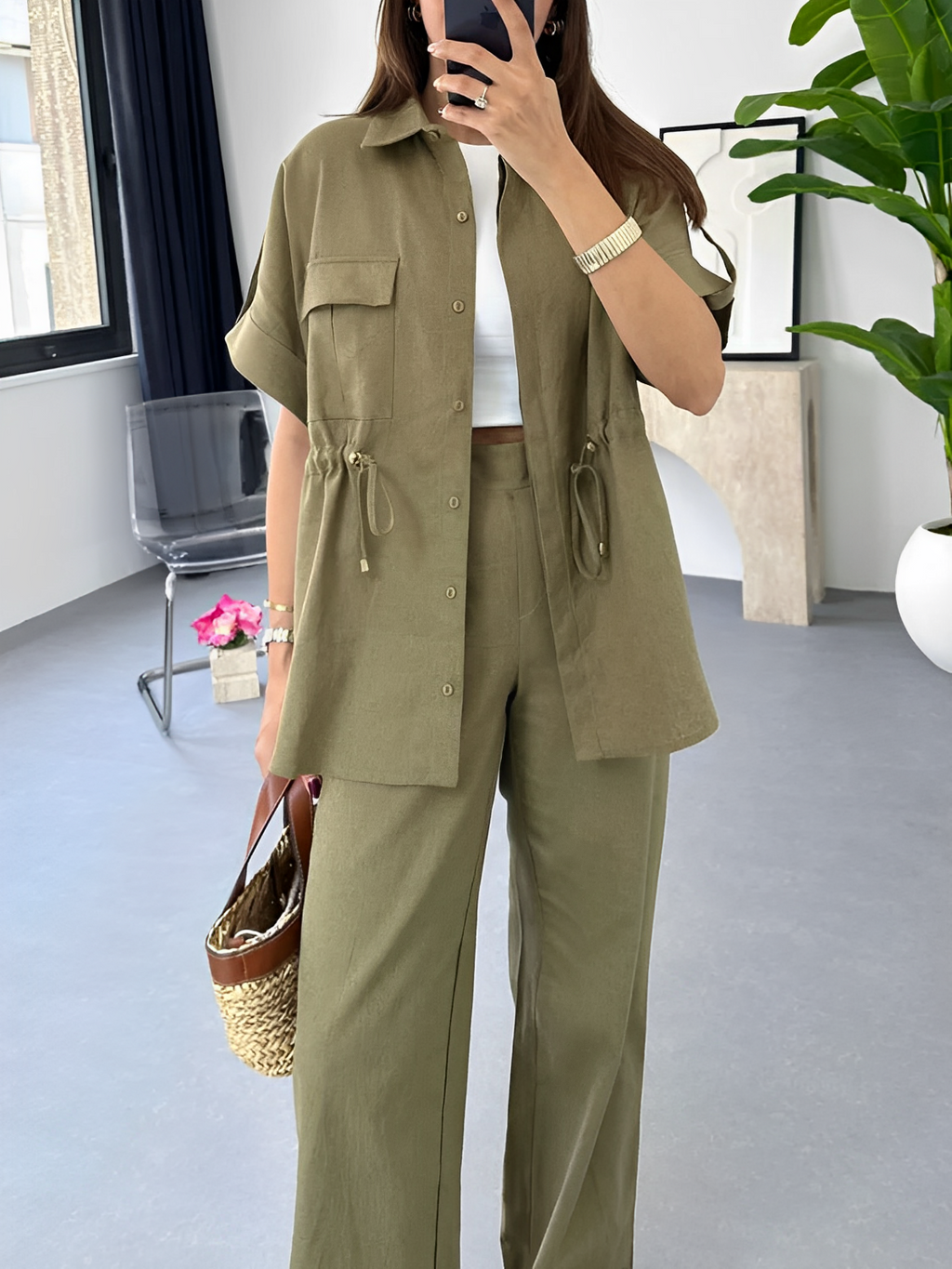 Conjunto com Camisa Oversized Ajustável e Calça Wige Leg - Olga
